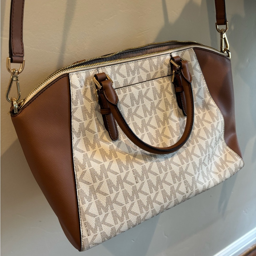 Michael Kors Brown & White MK Logo Satchel with Gold Accent - Picture 4 of 4